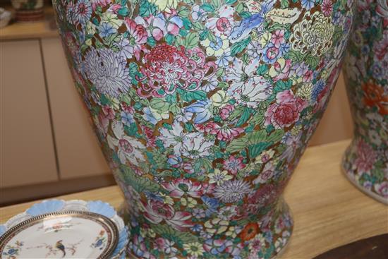 A pair of large Chinese millefiore pattern vases with covers, overall height 81cm